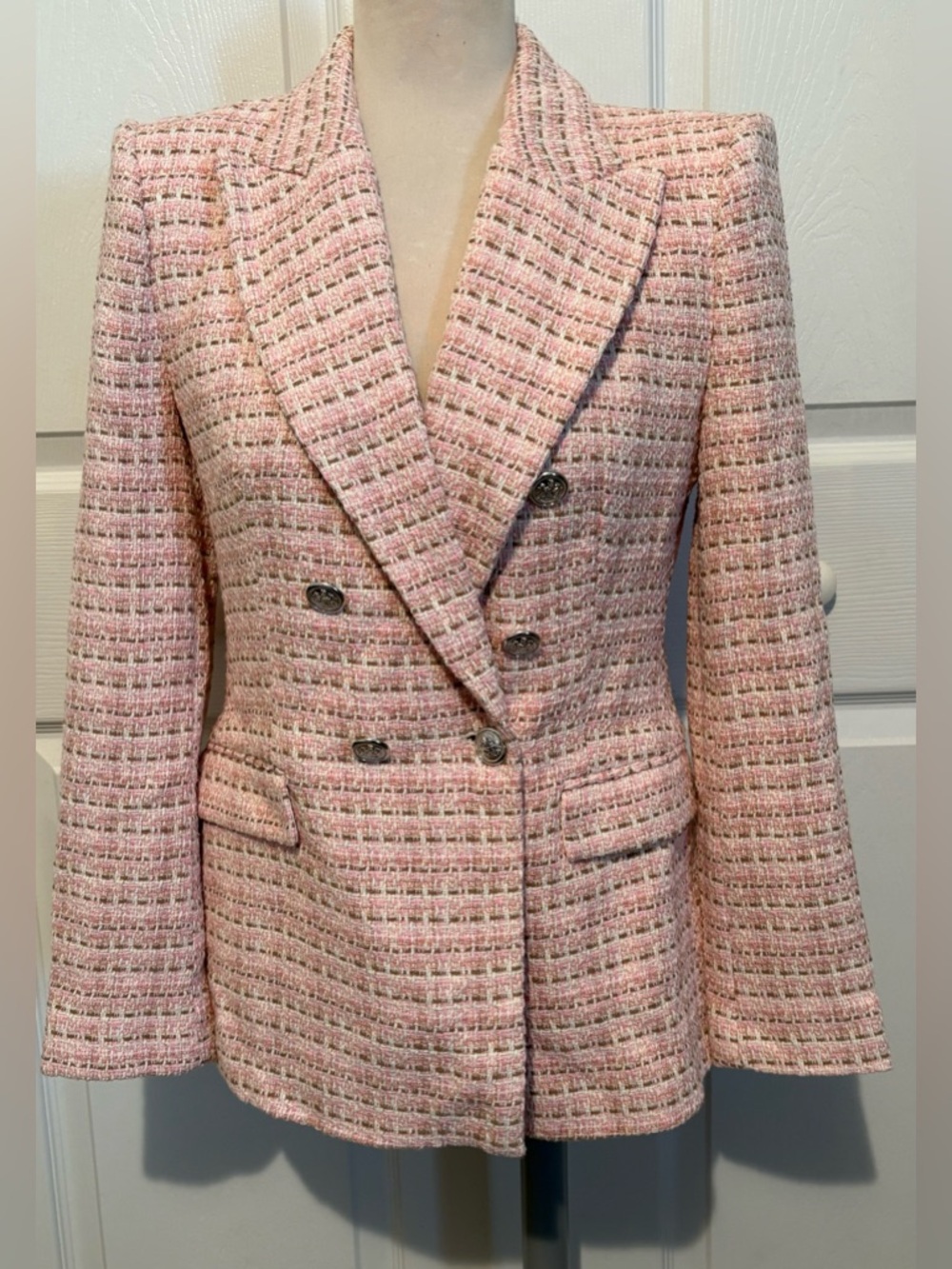 Zara Pink Tweed Double-Breasted Blazer